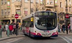 A bus driving through Sheffield City Centre, South Yorkshire.