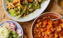 Thomasina Miers’ chickpea and squash pozole rojo with brussels sprout caesar salad.