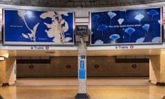 Blue posters depicting flowers above entrance to underground