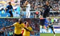 Brazil’s Philippe Coutinho controls the ball, Croatia’s Mario Mandzukic celebrates against Argentina, Uruguay’s Edinson Cavani runs with the ball, Belgium’s Romelu Lukaku celebrates with Eden Hazard after scoring.