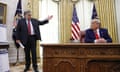 Donald Trump,William Barr<br>FILE - In this July 15, 2020, file photoAttorney General William Barr, left, speaks with President Donald Trump during a a law enforcement briefing on the MS-13 gang in the Oval Office of the White House in Washington. (AP Photo/Patrick Semansky, File)