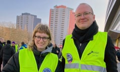 Kaja Schwab, a Fridays for Future and #WeDriveTogether activist, joins Johnny Kiele, a Berlin tram driver, at a picket. 