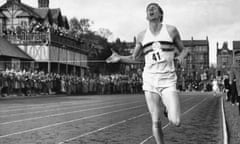 Roger Bannister breaks the tape to become the first man to break the four-minute-mile barrier at Iffly Field in Oxford