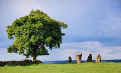 The four standing stones of the bronze age Nine Stones Close on Harthill Moor near Birchover in the Derbyshire Peak District<br>BY0XXF The four standing stones of the bronze age Nine Stones Close on Harthill Moor near Birchover in the Derbyshire Peak District