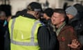 Israel-Hamas conflict<br>Tommy Robinson speaks to police officers as he arrives at the Cenotaph in Whitehall, central London, ahead of a pro-Palestinian protest march which is taking place from Hyde Park to the US embassy in Vauxhall. Picture date: Saturday November 11, 2023. PA Photo. The coalition of groups behind the march are the Palestine Solidarity Campaign, Friends of Al-Aqsa, Stop the War Coalition, Muslim Association of Britain, Palestinian Forum in Britain and Campaign for Nuclear Disarmament, Trade unions and political groups such as the Socialist Worker. See PA story POLITICS Israel. Photo credit should read: Jeff Moore/PA Wire