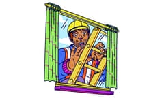 Illustration showing a builder on a ladder by a window being shocked by what he can see inside