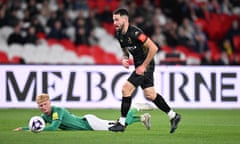 Ellis Stanton of Newcastle United and Apostles Stamatelopolous of A-League Men All Stars during the friendly match at Marvel Stadium in Melbourne