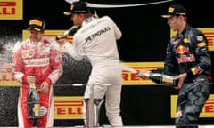 Nico Rosberg, Daniil Kvyat, Sebastian Vettel<br>Ferrari driver Sebastian Vettel of Germany, left, Mercedes driver Nico Rosberg of Germany, center, and Red Bull driver Daniil Kvyat of Russia, right, celebrate with champagne after the Chinese Formula One Grand Prix at the Shanghai International Circuit, in China, Sunday, April 17, 2016.  (AP Photo/Mark Schiefelbein)