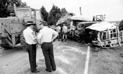 The scene of a fatal collision between a passenger bus and truck near Grafton, Australia on 20 August 1989