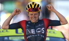 Tom Pidcock celebrates his victory on stage 12 of the Tour de France.