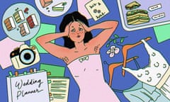 Illustration of woman in pink dress with hands on head surrounded by dresses, planners, invitations, hangers and cakes