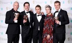 EE British Academy Film Awards - Press Room<br>LONDON, ENGLAND - FEBRUARY 18: (L to R) Martin McDonagh, Peter Czernin, Sam Rockwell, Frances McDormand and Graham Broadbent, accepting the Best Film award for 'Three Billboards Outside Ebbing, Missouri', pose in the press room during the EE British Academy Film Awards (BAFTAs) held at Royal Albert Hall on February 18, 2018 in London, England. (Photo by Mike Marsland/Mike Marsland/WireImage)