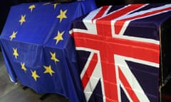 British Expats And Germans Discuss Brexit<br>BERLIN, GERMANY - MAY 26:  European Union (L) and British Union Jack flags hang at a meeting for British citizens living in Germany to discuss the implications of Great Britain leaving the European Union, known popularly as Brexit, on May 26, 2016 in Berlin, Germany. On June 23, 2016, UK citizens will vote on a post-legislative referendum on the country's membership in the European Union. Many British proponents of leaving the EU argue that it would allow the UK to better control immigration as well as save billions in membership fees as well as control trade deals and legislation, while those who wish to remain believe that leaving would decrease both the country's influence in world affairs as well as its security, and cause trade barriers with the rest of Europe.  (Photo by Adam Berry/Getty Images)