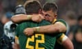 South Africa’s Jasper Wiese and Handré Pollard celebrate victory at the final whistle following the Rugby World Cup 2023 final.