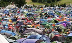 A campsite full of tents at the Glastonbury Festival, at Worthy Farm in Somerset in July 2015.