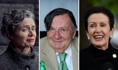 Composite image featuring (L-R) King's birthday honours recipients Judith Lucy, Barry Humphries and Clover Moore