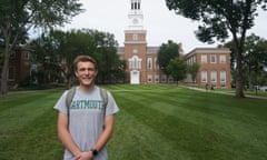 Garrett Muscatel, a Dartmouth student and a Democratic candidate for the New Hampshire house of representatives stands outside the campus’s historic library.