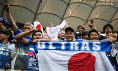 Japan vs Poland : Group H - 2018 FIFA World Cup Russia<br>VOLGOGRAD, RUSSIA - JUNE 28: Fans of Japan support their team during the 2018 FIFA World Cup Russia Group H match between Japan and Poland at the Volgograd Stadium on June 28, 2018 in Volgograd, Russia. (Photo by Sebnem Coskun/Anadolu Agency/Getty Images)