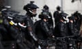 Cleveland police officers block an intersection during a demonstration