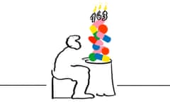 Illustration of man sitting at a table with a cake made of coloured tablets and 163 in numbers on top