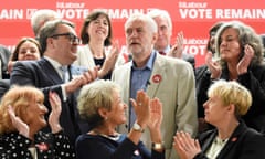 Corbyn is applauded by senior members of his party and trade unionists at the Labour In for Britain event.