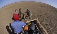 A man crosses the dried Bokaa Dam with a donkey cart on the outskirts of Gaborone, Botswana