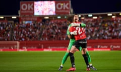 RCD Mallorca v Rayo Vallecano - La Liga Santander<br>MALLORCA, SPAIN - MAY 15: Manolo Reina of RCD Mallorca celebrates his team second goal with Antonio Raillo during the LaLiga Santander match between RCD Mallorca and Rayo Vallecano at Estadio de Son Moix on May 15, 2022 in Mallorca, Spain. (Photo by Cristian Trujillo, Quality Sport Images/Getty Images)