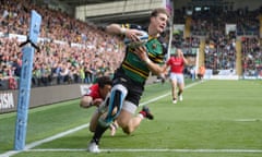 Tommy Freeman evades a tackle to score in the corner during Northampton’s emphatic victory over Newcastle