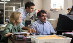 Rachel McAdams Mark Ruffalo Brian dArcy James<br>This photo provided by courtesy of Open Road Films shows, Rachel McAdams, from left, as Sacha Pfeiffer, Mark Ruffalo as Michael Rezendes and Brian dArcy James as Matt Carroll, in a scene from the film, "Spotlight." The 73rd annual Golden Globe nominations in film and television categories will be announced Thursday morning, Dec. 10, 2015, in Beverly Hills, Calif.  (Kerry Hayes/Open Road Films via AP)