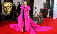 Florence Pugh attends the after-show party for the Baftas wearing a hot pink ruffled gown from the Dries Van Noten x Christian Lacroix collection.