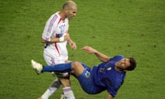 Italy’s Marco Materazzi goes down after being butted by Zinedine Zidane of France during the 2006 World Cup final. 