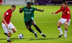 Kwadwo Baah in action for Rochdale against Morecambe this season. He has been referred to by his manager as a ‘special talent’.