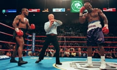 Referee Lane Mills stops the Evander Holyfield-Mike Tyson fight in June 1997. Tyson had bitten one of Holyfield’s ears