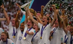 The England team celebrate their win in the  UEFA women’s Euro 2022 final against Germany at Wembley on 31 July.