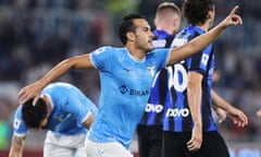 Pedro celebrates after scoring Lazio’s third goal in the 3-1 victory over Inter in Rome