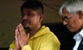 Sandeep Lamichhane greets fans and media outside Patan high court on 15 May