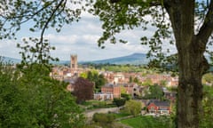 The town of Ludlow, Shropshire, England<br>View of the beautiful old town of Ludlow on a sunny spring day. The tower of St Lawrence's church seen above the other buildings.