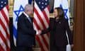 US vice president Kamala Harris and Israeli prime minister Benjamin Netanyahu shake hands before the start of a meeting in the vice president's ceremonial office 