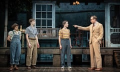 Rafe Spall, right, as Atticus Finch, with Gwyneth Keyworth (Scout Finch), Harry Redding (Jem Finch) and David Moorst (Dill Harris) in To Kill a Mockingbird.