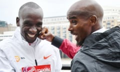 Virgin London Marathon Elite Men photocall, London, UK - 24 Apr 2019<br>Mandatory Credit: Photo by Nils Jorgensen/REX/Shutterstock (10217534x) Eliud Kipchoge and Sir Mo Farah Virgin London Marathon Elite Men photocall, London, UK - 24 Apr 2019 Eliud Kipchoge and Sir Mo Farah attends photocall for elite men taking part in this year’s London Marathon, at The Tower Hotel