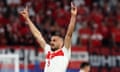 Merih Demiral does a ‘wolf’ salute after scoring the second of his two goals against Austria in their last-16 tie in Leipzig on Wednesday