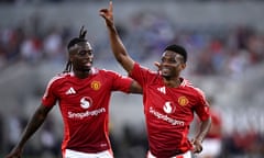 Amad Diallo celebrates scoring a goal for Manchester United in the friendly football match against Real Betis at Snapdragon Stadium in San Diego