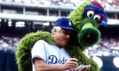 Tommy Lasorda, manager of the Los Angeles Dodgers, with the Phillie Phanatic at Philadelphia’s Veterans Stadium circa 1981.