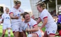Try celebrations for Sarah Bern as she goes over for England’s sixth try.