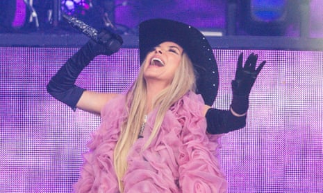 Shania Twain performing on the Pyramid stage.