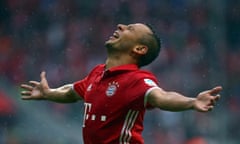 Bayern Munich’s Rafinha celebrates scoring his side’s third goal, killing off Ingolstadt