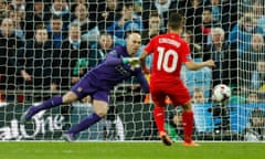 Willy Caballero is about to save Philippe Coutinho’s spot-kick