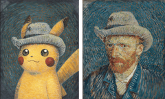 Pokemon x Van Gogh exhibition in the Netherlands. Pikachu inspired by Self-Portrait with Grey Felt Hat, Naoyo Kimura (1960). Right: Self-Portrait with Grey Felt Hat, Vincent van Gogh, 1887, Van Gogh Museum, Amsterdam