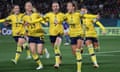 Filippa Angeldal celebrates with teammates after putting Sweden 2-0 up against Japan from the penalty spot.