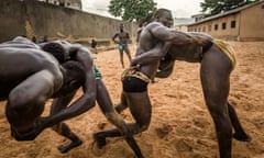 Wrestlers compete in the Wrestling school of Ex-Wrestler Balla Gaye on August 10, 2015. The Star-Wrestler Balla Gaye 2 and many other successful  wrestlers have arisen from this famous school, which was the first official  wrestling school in Senegal.